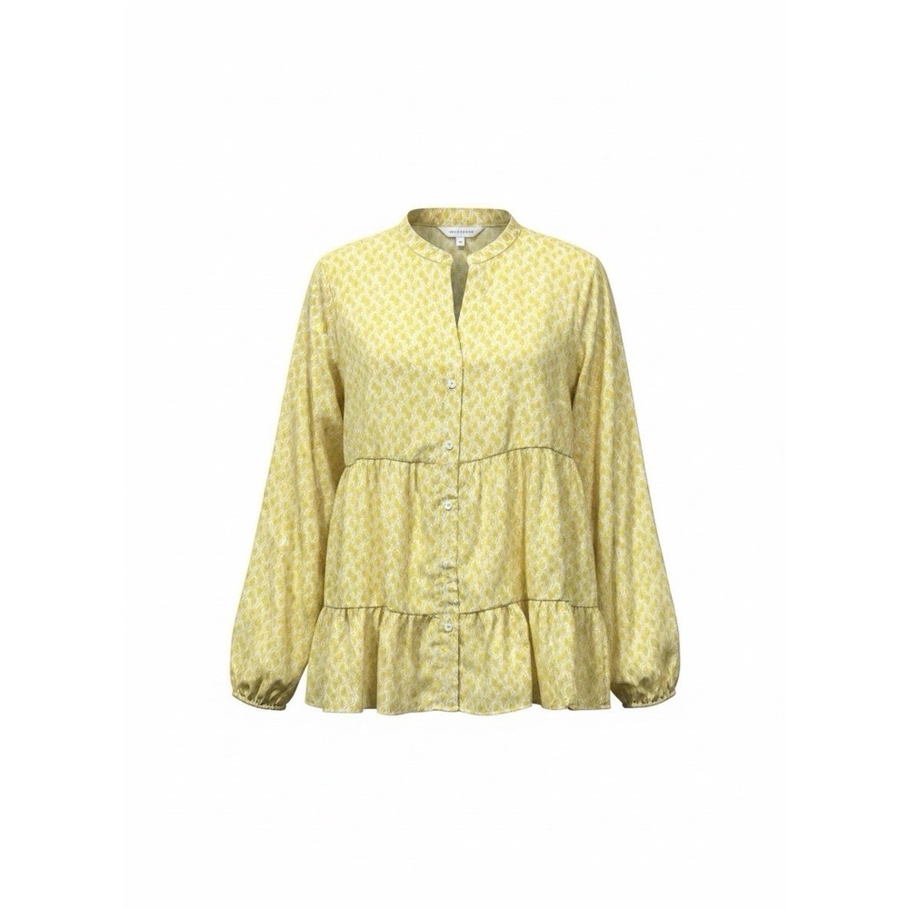 SHEIN Womens Yellow White Geometric Ruffle Hem Button Blouse XL